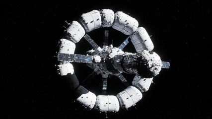 Futuristic space station in orbit with circular design against starry background - Powered by Adobe