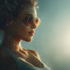 Radiant woman with sparkling skin and sunglasses bathed in golden light, embodying summer joy.