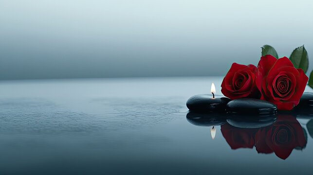 Softly glowing candles surrounded by red and white roses resting on polished black stones create a tranquil spa atmosphere ideal for beauty and relaxation - Powered by Adobe