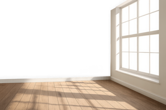 Interior room corner with large window and sunlight streaming through transparent background