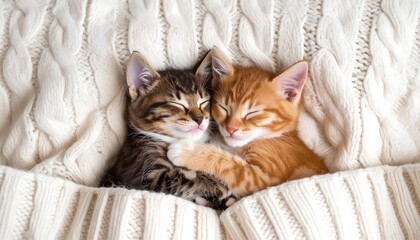 Two kittens cuddling on a knitted blanket