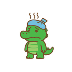 Sick Cartoon Alligator with Ice Pack on Head