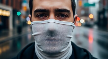 Man wearing face mask in city during pandemic.