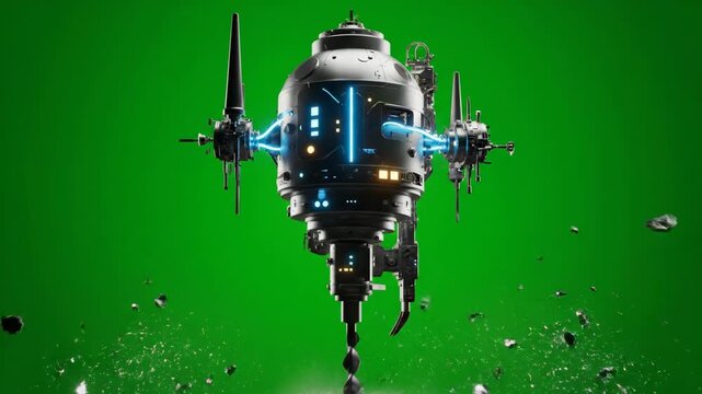 Futuristic flying drone with drill and levitation on green background
