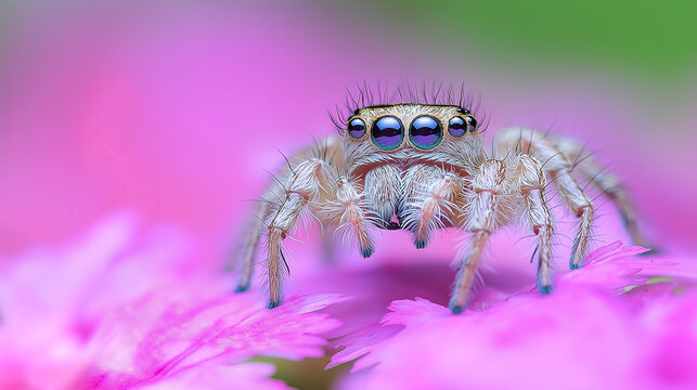A cute jumping spider standing on a flower petal looking up at the viewer. 