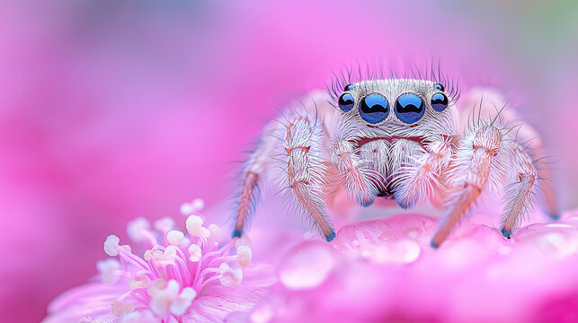 A cute jumping spider standing on a flower petal looking up at the viewer. 