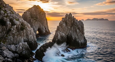 Dramatic Cliffs and Ocean Waves at Sunset in Capri.