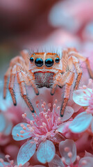 A cute jumping spider standing on a flower petal looking up at the viewer. 