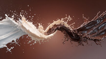 Milk and chocolate liquids intermingle in dynamic splashes