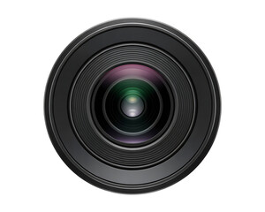 Close up view of a professional camera lens with reflections on black background