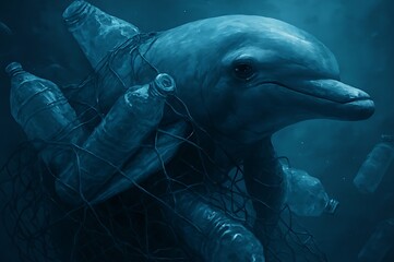 Naklejka premium Trapped Dolphin in Ocean Plastic Crisis Shows Dark Environmental Pollution silhouette