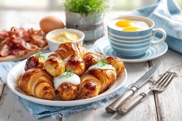 Breakfast platter with croissants, eggs, bacon