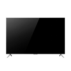 PNG eines modernen Flachbildfernsehers mit schwarzem Bildschirm, schlichtes Design.