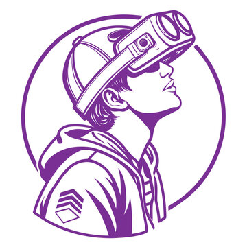 Futuristic augmented reality headset logo design with vibrant neon purple glow and digital interface elements