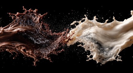 Chocolate and milk splashing, dark background