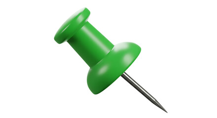 A single bright green pushpin with a sharp metal point presented isolated on white background