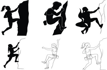 Rock climbing illustration set featuring silhouette and line art climbers in dynamic ascent poses with gear for outdoor design and merch