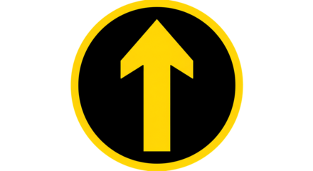 A bright yellow upward pointing arrow symbol enclosed within a thick yellow oval shape isolated on a white background isolated on white background