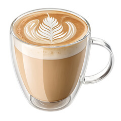 A beautifully crafted latte served in a transparent double-walled glass mug, showcasing creamy milk coffee topped with artistic leaf-shaped latte art. High-resolution coffee photography isolated on a 