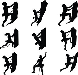 Rock climbing silhouette set featuring dynamic poses, gear details, and vertical motion for sports design, education, and merch use