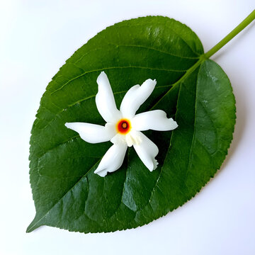 Parijat flowers or often called Harsingar, Night flowering jasmine Nyctanthes arbor-tristis above parijat leaf isolated on white background