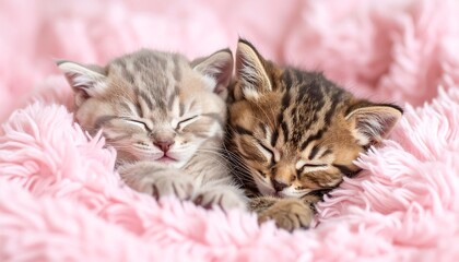Two kittens sleeping nestled in a pink blanket