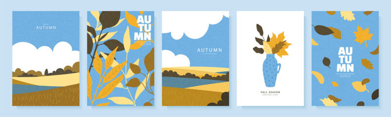 A versatile collection of modern autumn posters featuring minimalist landscapes and botanical illustrations. Designed in a flat, textured style, perfect for social media stories and greeting cards