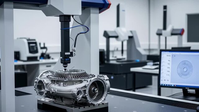 Close medium shot capturing a robotic Coordinate Measuring Machine measuring complex aerospace parts emphasizing cuttingedge metrology and automated inspection.