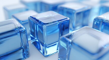 Close-up of many translucent, light-blue cubes