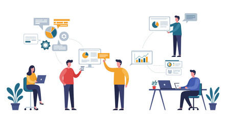 Remote team collaboration with data charts and discussions in a modern office setting