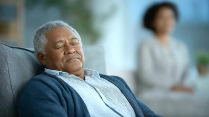 Senior Man Asleep in Chair While Caregiver Tidies Room