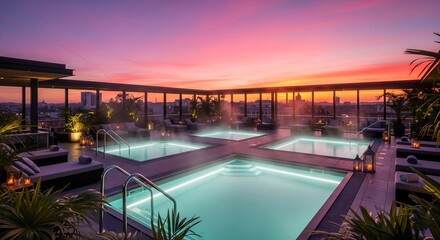 Luxurious rooftop spa and pool featuring multiple hot tubs loungers and a breathtaking sunset view overlooking the city