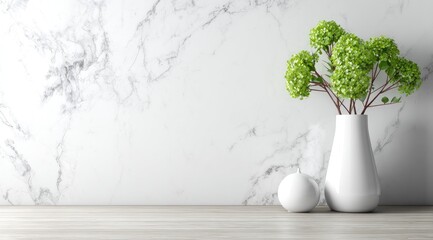 Minimalist interior scene with marble wall and vase