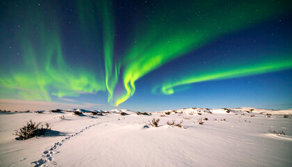 A majestic celestial dance of the vibrant green aurora borealis illuminates a vast, frozen tundra under a star-filled night sky