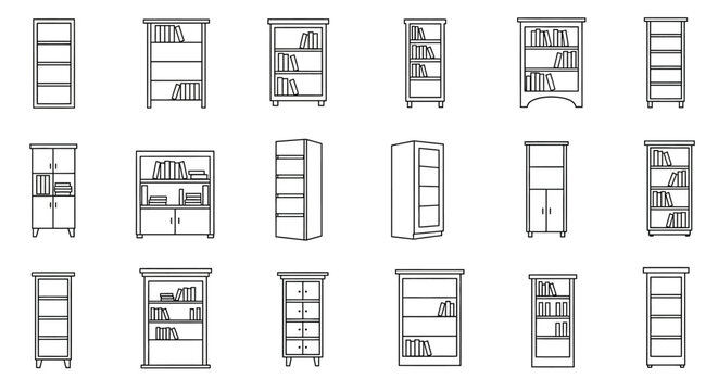 Collection of various bookshelves in linear style