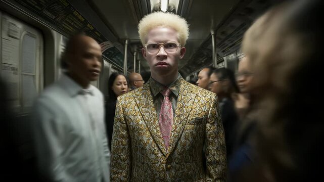 A man with albinism wearing bold fashion standing still in a busy subway station, surrounding people blurred in motion.
