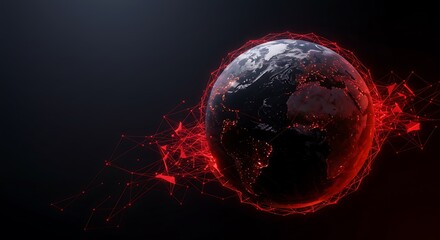 Digital Earth Globe with Red Network Connections in Dark Background
