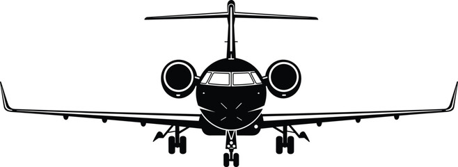 Black and white silhouette illustration of jet airplane front view, aircraft with landing gear, aviation and transportation concept, vector art, flat design