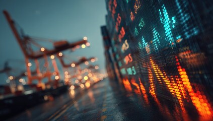 Shipping port at night, stock market data displayed