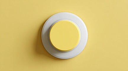 A bright yellow circle button, centrally positioned on a pale yellow background, with a surrounding white ring
