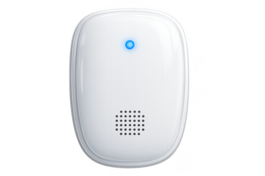 Modern wireless computer mouse with blue led light on transparent background