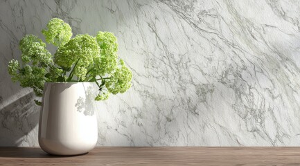 Light-filled vase with delicate green foliage on a marble wall