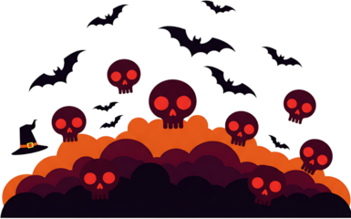 A spooky Halloween scene featuring skulls, bats, and a witch's hat against a white background.
