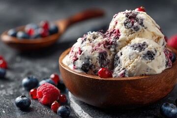 Three scoops of berry-infused ice cream in a wooden bowl, surrounded by fresh berries