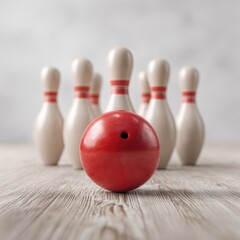 Bowling pins and ball on light wooden surface.  Focus on the red ball, slightly out of focus pins in front