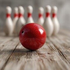 Red bowling ball centered on a wooden lane, with blurred bowling pins in the background