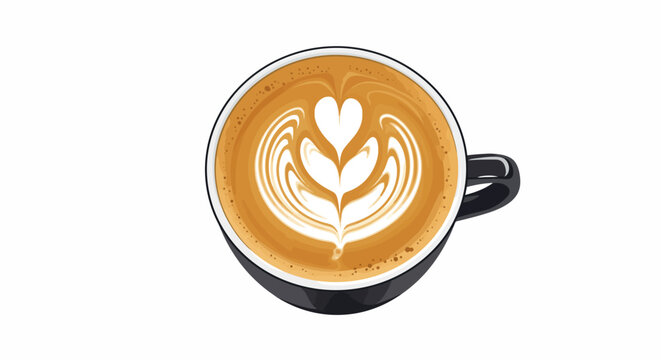 Top view of latte with heart tulip art in black cup on white background