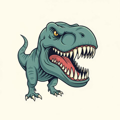 Vintage-style illustration of an enraged T-Rex with an open mouth and sharp teeth on a plain white background.