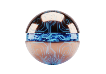 A perfectly spherical, bowling ball-sized burnished copper orb with pulsating vibrant blue circuit lines, on a transparent background, concept of advanced alien technology