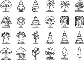 Tree icon set, black line style, cartoon botanical symbols, vector illustration, forest graphics, nature pack, educational foliage design bundle